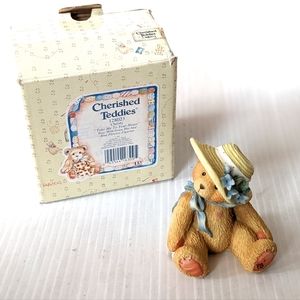 CHERISHED TEDDIES "take me to your heart" straw hat & blue flowers bear figurine